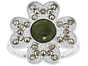Connemara Marble & Marcasite Silver Tone Four-Leaf Clover Ring, 7mm, 1.68ctw