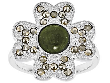 Picture of Connemara Marble & Marcasite Silver Tone Four-Leaf Clover Ring, 7mm, 1.68ctw