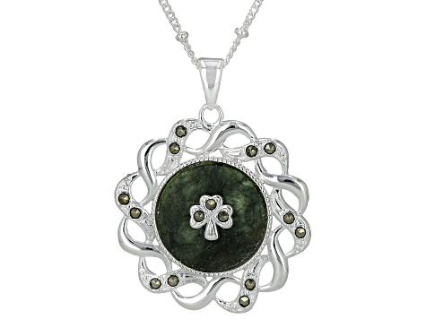Connemara Marble & Marcasite Silver Tone Shamrock Pendant With 18" Chain, 0.15ctw