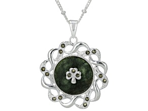Connemara Marble & Marcasite Silver Tone Shamrock Pendant With 18" Chain, 0.15ctw