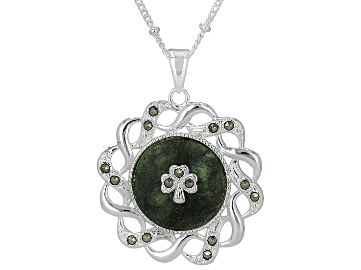 Connemara Marble & Marcasite Silver Tone Shamrock Pendant With 18" Chain, 0.15ctw