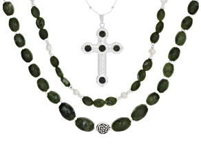 Connemara Marble & Cultured Freshwater Pearl Silver Tone Cross Necklace Set of 3