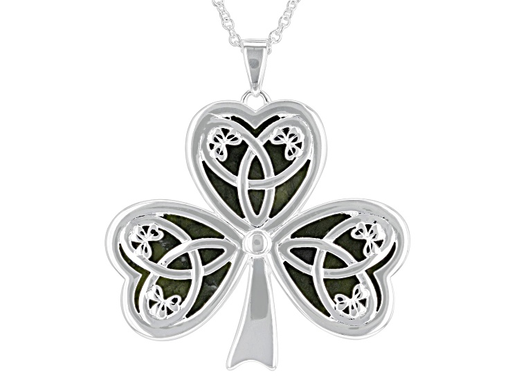 Connemara Marble Silver Tone Shamrock Pendant With 20" Rolo Chain