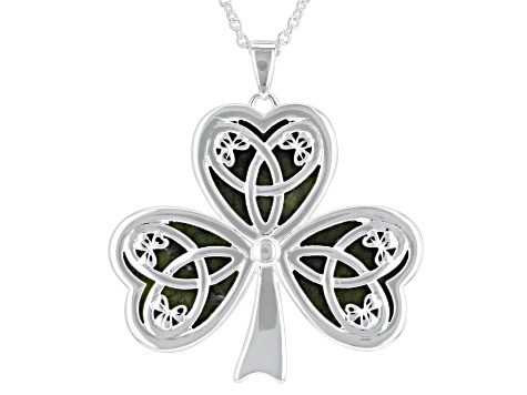 Connemara Marble Silver Tone Shamrock Pendant With 20" Rolo Chain