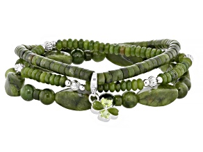 Connemara Marble & Peridot Silver Tone Shamrock & Harp Charm Stretch Bracelet Set of 3, 0.48ctw