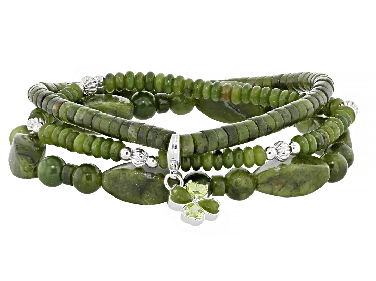 Connemara Marble & Peridot Silver Tone Shamrock & Harp Charm Stretch Bracelet Set of 3, 0.48ctw