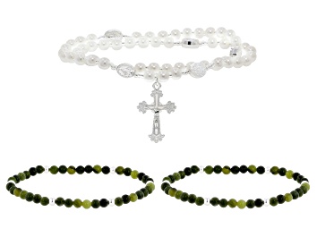 Picture of Pearl Simulant & Connemara Marble Silver Tone Rosary Bracelet Set of 3.