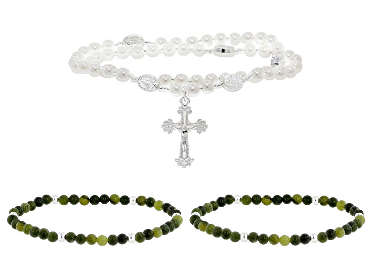 Pearl Simulant & Connemara Marble Silver Tone Rosary Bracelet Set of 3.
