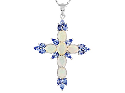 Multi Color Ethiopian Opal with Tanzanite Rhodium Over Sterling Silver Cross Pendant With Chain