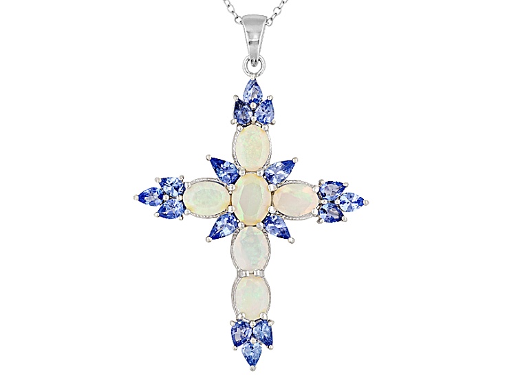 Multi Color Ethiopian Opal with Tanzanite Rhodium Over Sterling Silver Cross Pendant With Chain