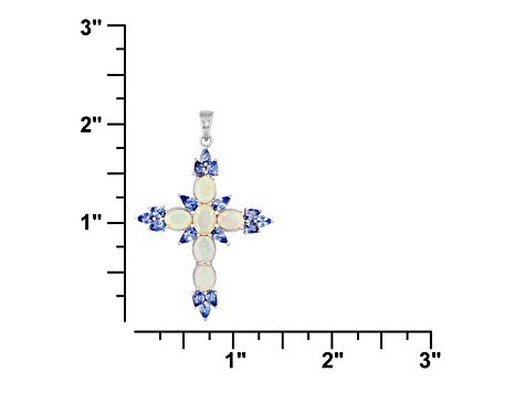 Multi Color Ethiopian Opal with Tanzanite Rhodium Over Sterling Silver Cross Pendant With Chain