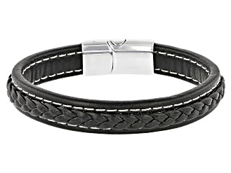 Silver Tone Leather Braided Design Mens Bracelet