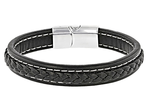 Silver Tone Leather Braided Design Men's Bracelet