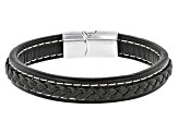 Silver Tone Leather Braided Design Mens Bracelet