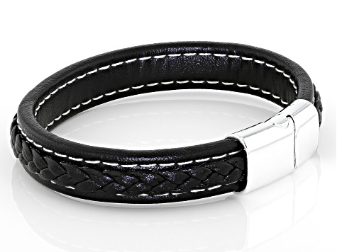 Silver Tone Leather Braided Design Mens Bracelet