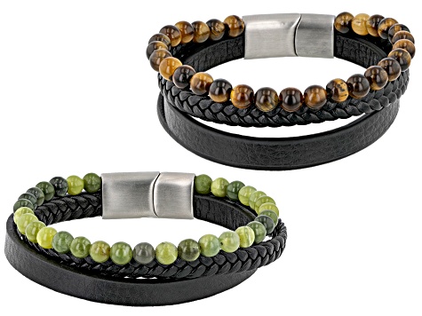 Green Connemara Marble And Tigers Eye Silver-Tone Over Brass Set of 2 Mens Leather Bracelets