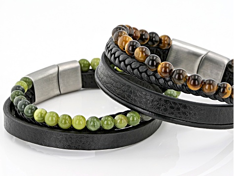 Green Connemara Marble And Tigers Eye Silver-Tone Over Brass Set of 2 Mens Leather Bracelets