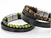 Green Connemara Marble And Tigers Eye Silver-Tone Over Brass Set of 2 Mens Leather Bracelets