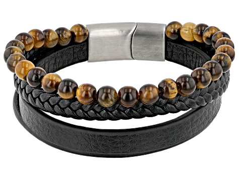 Green Connemara Marble And Tigers Eye Silver-Tone Over Brass Set of 2 Mens Leather Bracelets