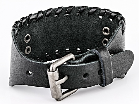 Black Leather With Silver Tone Plate Mens Vegisir Viking Bracelet ...