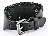 Black Leather With Silver Tone Plate Mens Vegisir Viking Bracelet