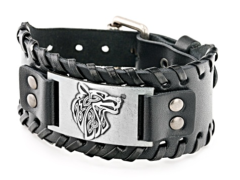 Silver-Tone and Black Leather Men's Viking Wolf Bracelet
