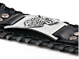 Black Leather Silver-Tone Plate Men's Viking Wolf Bracelet
