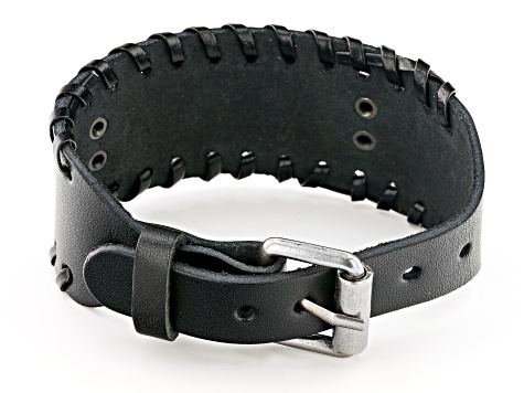 Silver-Tone and Black Leather Men's Viking Wolf Bracelet