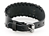 Silver-Tone and Black Leather Men's Viking Wolf Bracelet