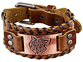 Brown Leather Bronze-Tone Plate Mens Viking Wolf Bracelet