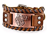 Brown Leather Bronze-Tone Plate Mens Viking Wolf Bracelet