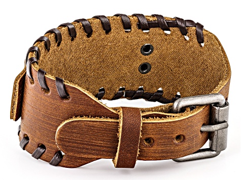 Brown Leather Bronze-Tone Plate Mens Viking Wolf Bracelet