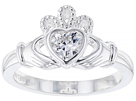 White Cubic Zirconia Silver "April Birthstone" Claddagh Ring .73ct