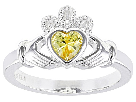 Yellow Cubic Zirconia Silver "November Birthstone" Claddagh Ring .78ct