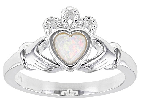 Lab Created Opal "October Birthstone" Silver Claddagh Ring .17ct