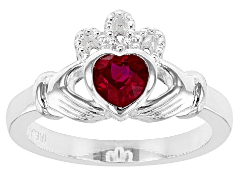 Red Lab Created Ruby Silver "July Birthstone" Claddagh Ring .60ct