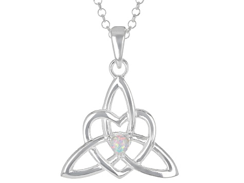 Multi-Color Lab Created Opal Silver "October Birthstone" Trinity Knot Pendant 0.08ct