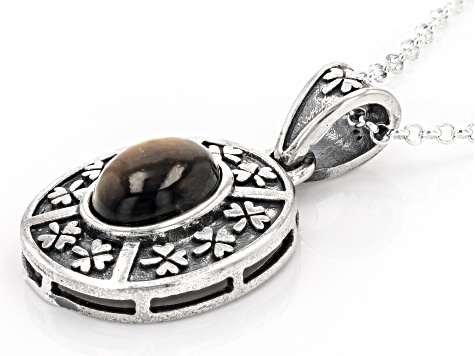 Brown Tigers Eye Sterling Silver Pendant With Chain