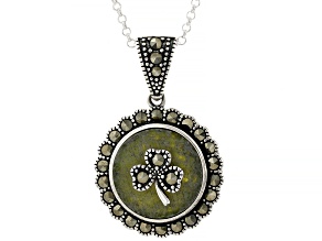Green Connemara Marble and Marcasite Shamrock Silver Pendant With 24" Chain