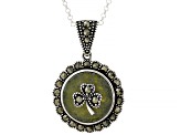 Green Connemara Marble and Marcasite Shamrock Silver Pendant With 24" Chain