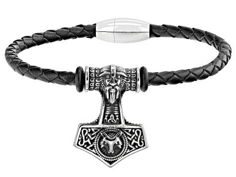 Stainless Steel & Imitation Leather Viking Design Bracelet