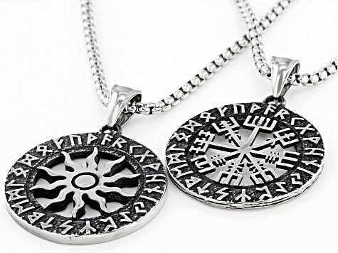 Stainless Steel Wayfinder & Viking Sun Set of Two Pendants W/ Chains