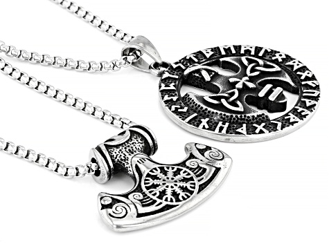 Stainless Steel Thors Hammer & Celtic Rune Set of Two Pendants W/ Chain