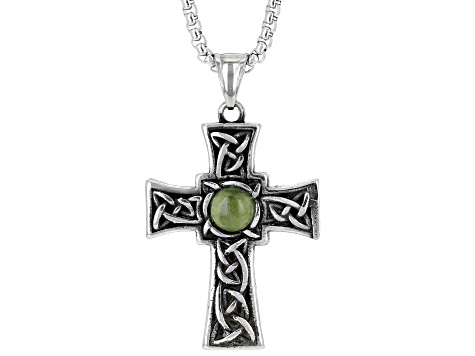 Green Connemara Marble Stainless Steel Celtic Cross Pendant W/ Chain