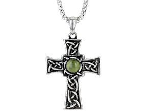 Green Connemara Marble Stainless Steel Celtic Cross Pendant W/ Chain