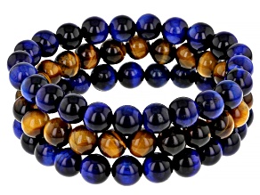 Blue & Brown Tiger's Eye Set of 3 6.75"L Stretch Bracelets