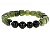 Green Connemara Marble and Black Onyx 7.25"L Silver Tone Stretch Bracelet