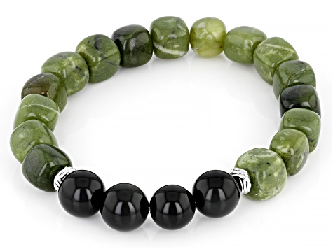 Green Connemara Marble and Black Onyx 7.25"L Silver Tone Stretch Bracelet