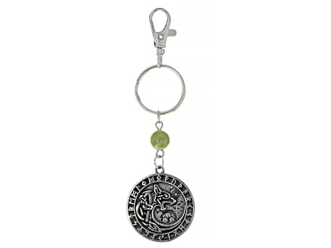 Green Connemara Marble Silver Tone Viking Wheel & Wolf Reversible Key Chain