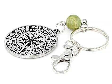 Green Connemara Marble Silver Tone Viking Wheel & Wolf Reversible Key Chain